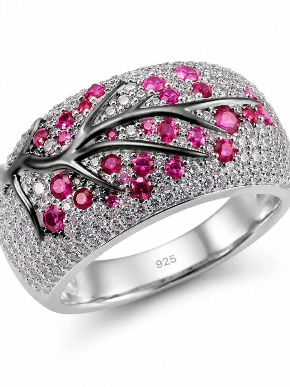 Pink Crystal Vine Branch Statement Ring Silver Tone Micro Pave Glam Sz 8 NWT